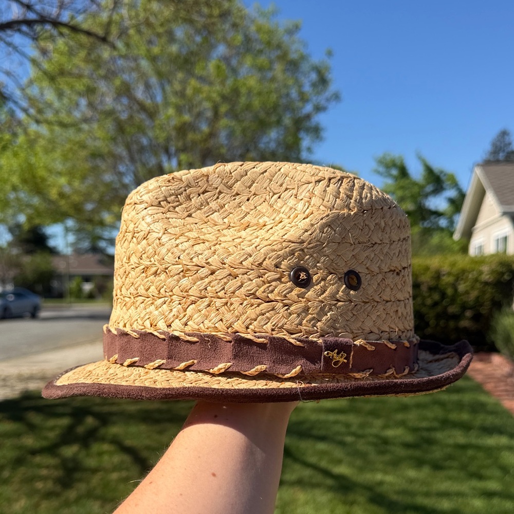 Augusto Di Zola Designer Straw Fedora Hat with Brown Trim